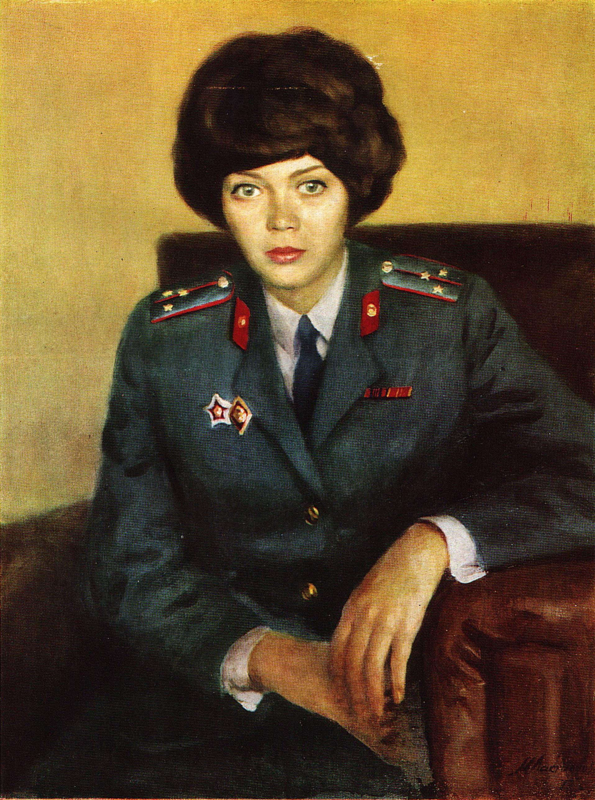 М. А. Лактионова. Род. 1945 г. Москва. Портрет инспектора уголовного розыска Л. Самариной. 1972. X., м.