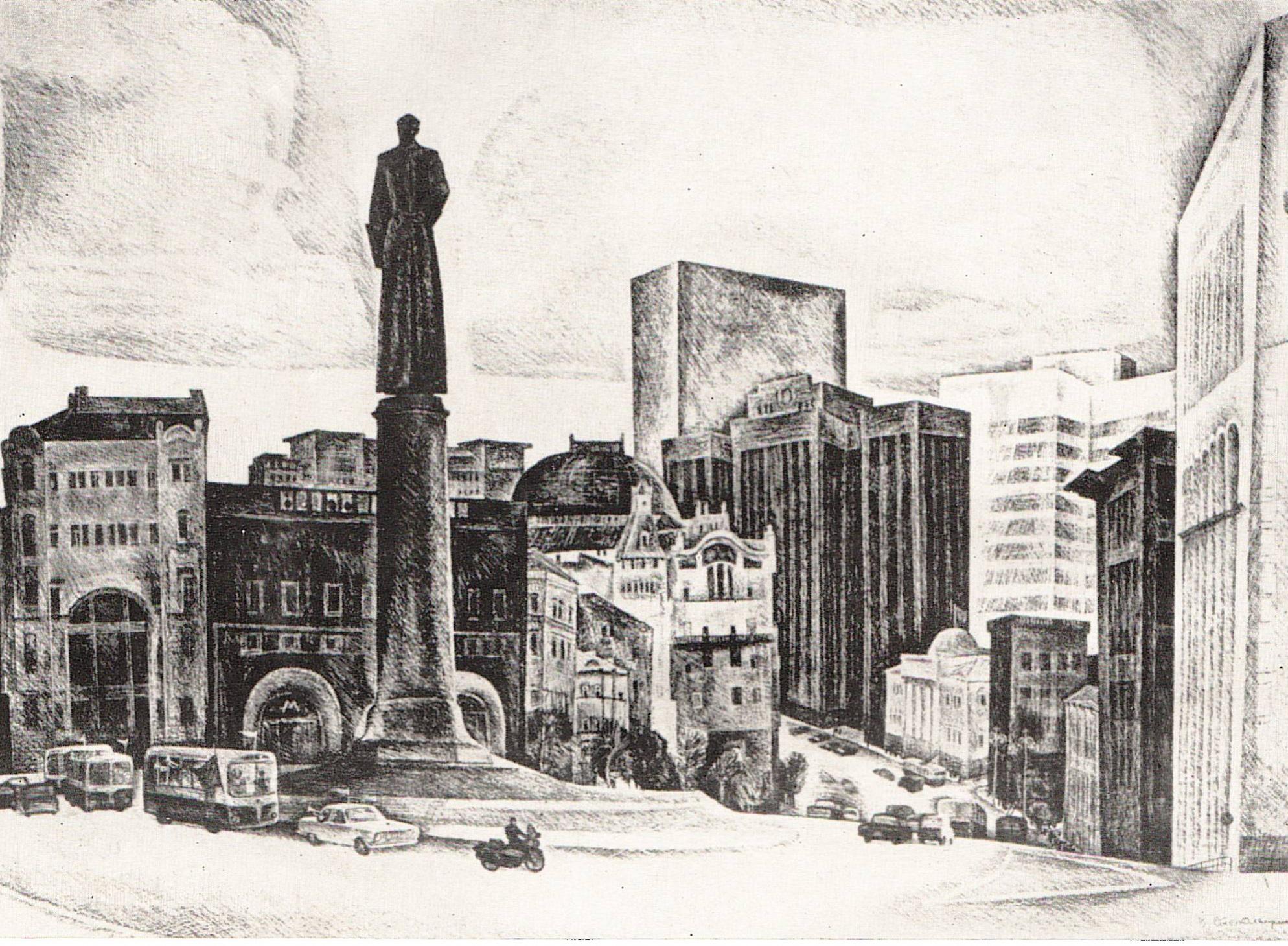 В. К. Стекольщиков. Род. 1938 г. Москва. Из серии «Москва сегодня». 1972. К., уголь. Площадь Дзержинского
