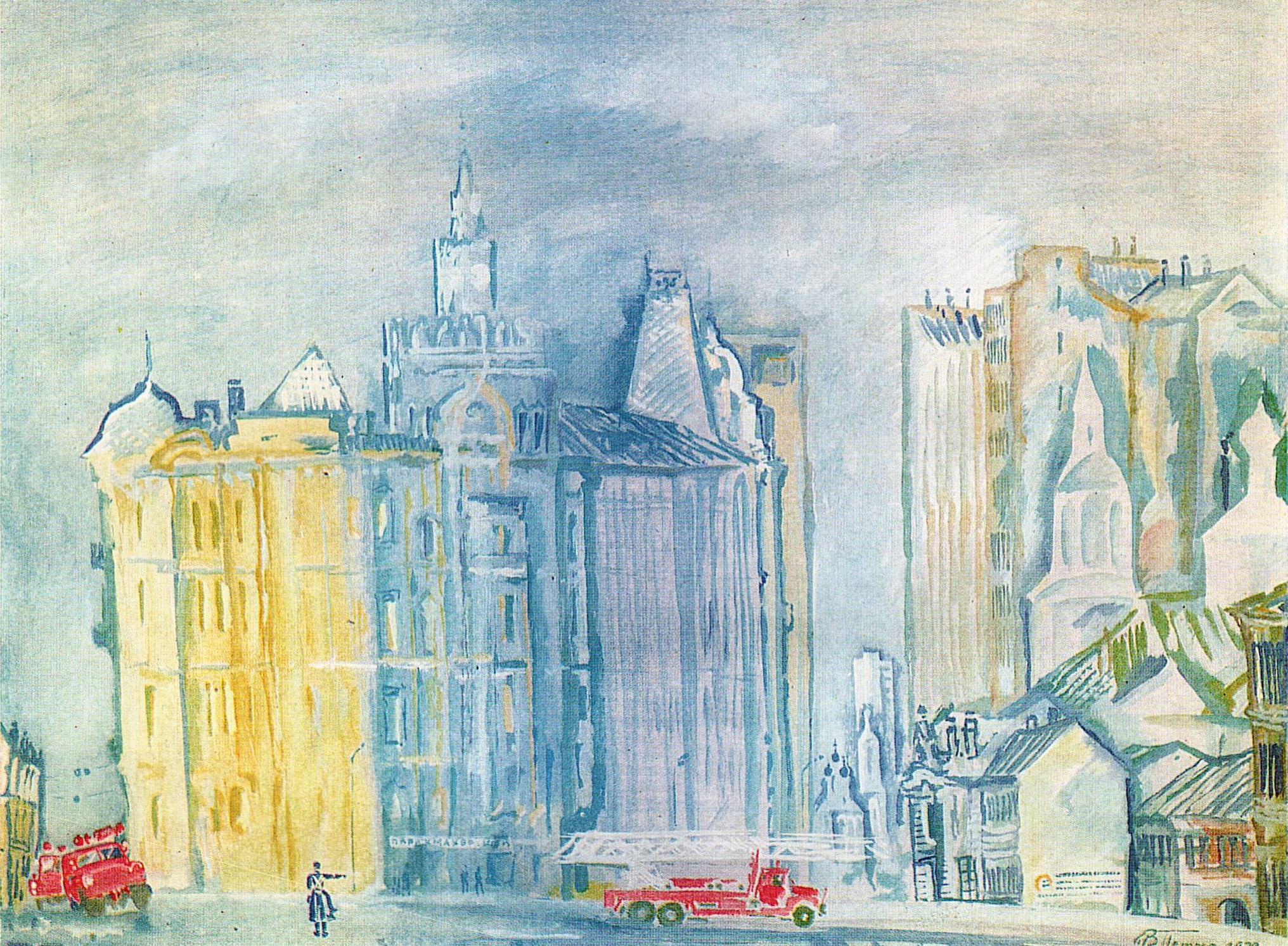В. Н. Петров. Род. 1936 г. Москва. Из серии «Московские пожарные». 1972. К., гуашь. Тревога