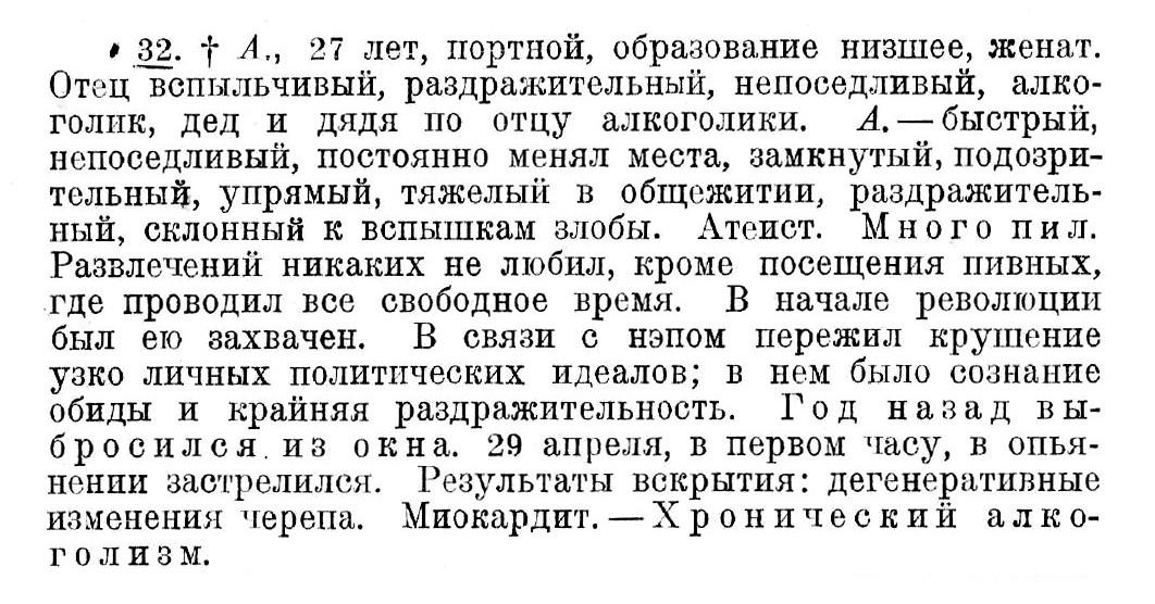 Случай № 32. А., 27 лет (самоубийство). В связи с нэпом пережил крушение узко личных политических идеалов