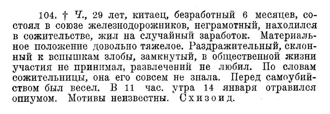 Случай № 104. Ч., 29 лет, китаец (самоубийство). В 11 час. утра 14 января отравился опиумом. Мотивы неизвестны.
