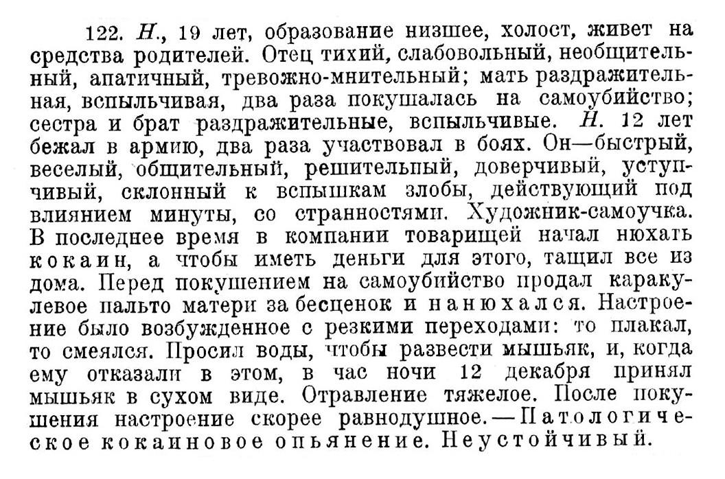 Случай № 122. Н., 19 лет (покушение на самоубийство). Перед покушением на самоубийство продал каракулевое пальто матери за бесценок и нанюхался.