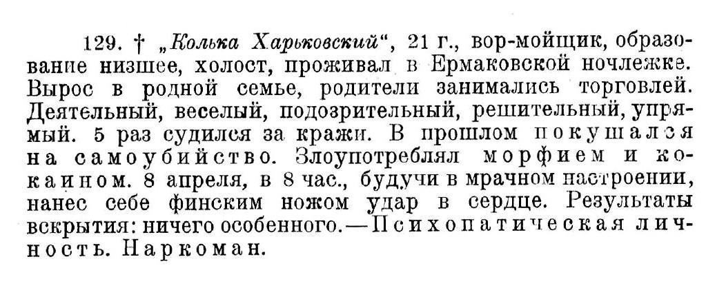 Случай № 129. «Колька Харьковский», 21 год (самоубийство). Результаты вскрытия: ничего особенного.