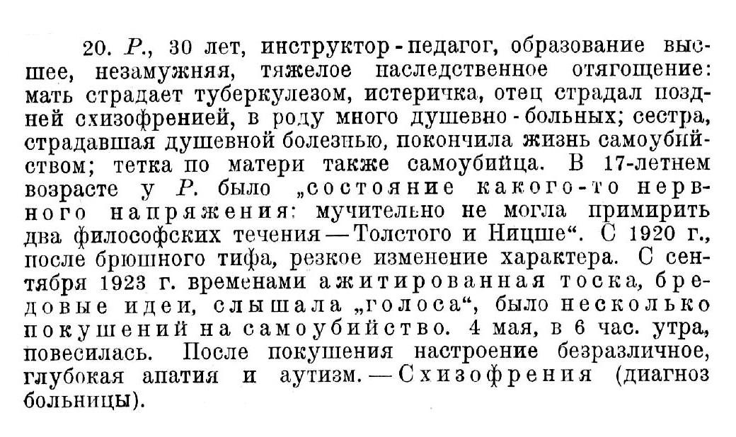 Случай № 20. Р., 30 лет (покушение на самоубийство). «Мучительно не могла примирить два философских течения — Толстого и Ницше»