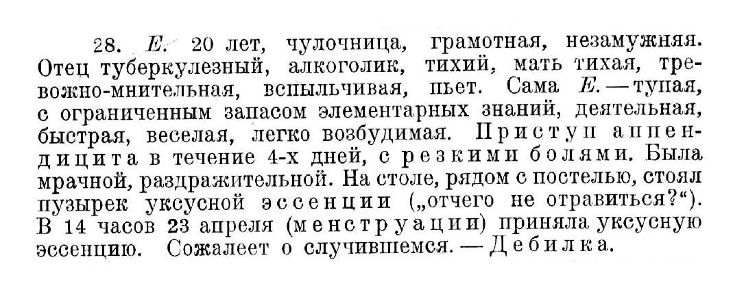 Случай № 28. Е., 20 лет (покушение на самоубийство. Сожалеет о случившемся. — Дебилка