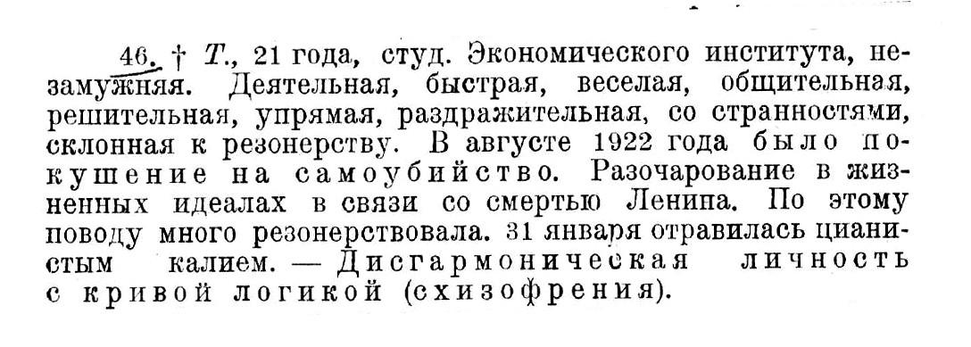 Случай № 46. Т., 21 год (самоубийство). Разочарование в жизненных идеалах в связи со смертью Ленина.