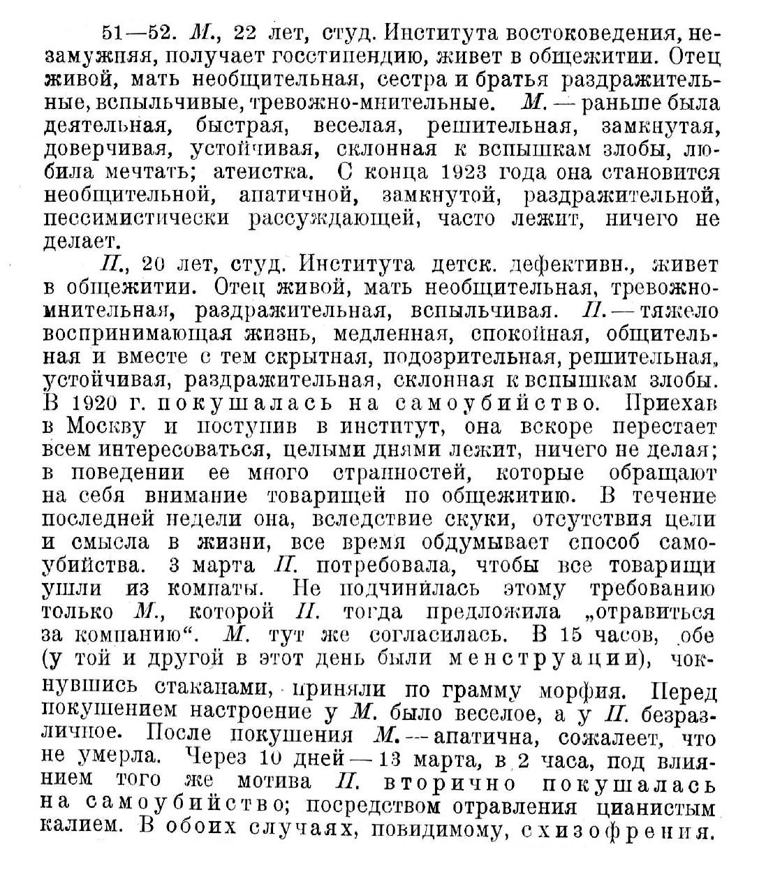 Случаи № 51–52. М., 22 года (покушение на самоубийство). П., 20 лет (покушение на самоубийство). В 15 часов, обе (у той и у другой в этот день были менструации), чокнувшись стаканами, приняли по грамму морфия.