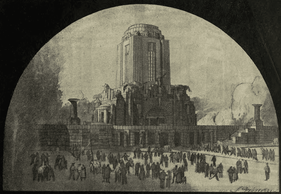 Проект Крематория архитектора С. Н. Грузенберга (Москва) . — Plan of a Crematorium by the architect S. N. Grusenberg. (Moscow) . — Project eines Crematoriums des russischen Architectors Grusenberg (fMoscau). — Projet d’un Crématoire par l'architecte russe S. N. Crousenberg (Moscou).
